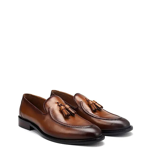 Pure Solid Leather Tassel Burgundy Loafer - Tan