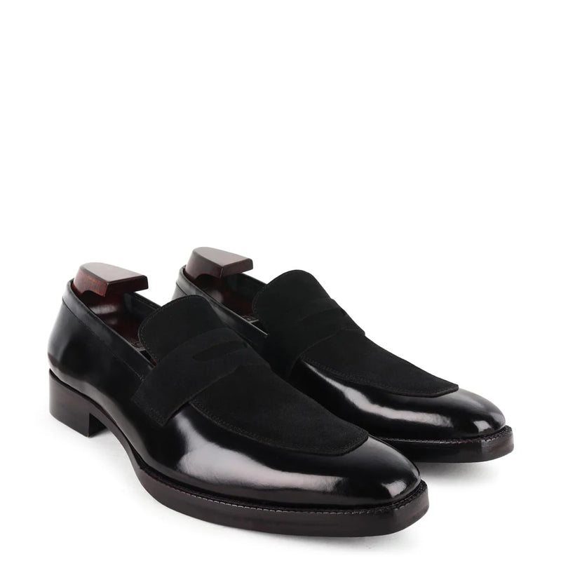Suede Square Toe Shiny Leather Penny Loafer Black