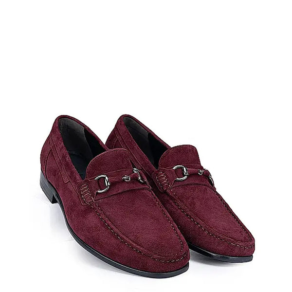 Suede Leather Formal Horsebit Buckled Loafer Burgundy - Burgundy