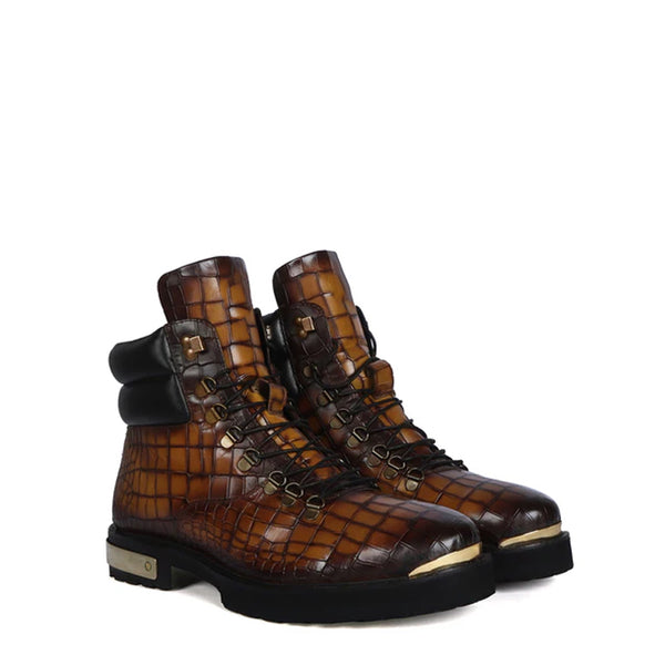 Croco Deep Cut Leather Lace UP Ankle Boot