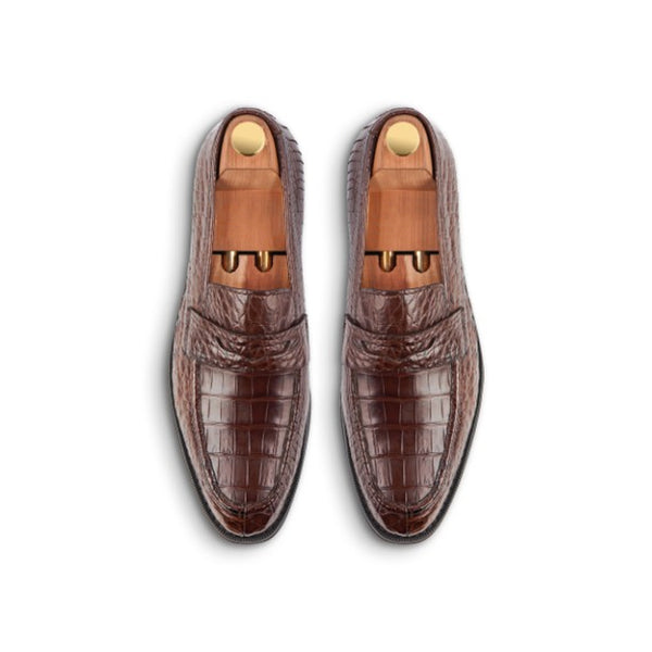 Croco Print Handmade Penny Leather Loafer - Brown