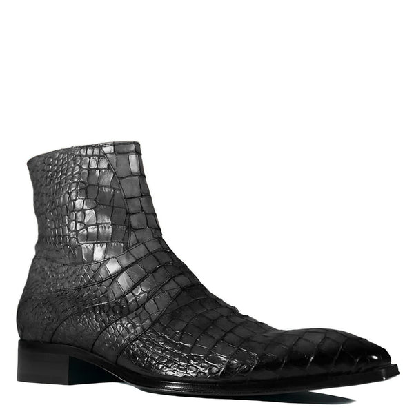 Croco Leather Zip Up Boots - Black
