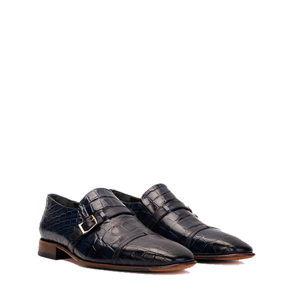 Leather Single Monk Strap Cap Toe Men Shoe - Blue