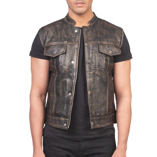 Atlas Moto Leather Vest For Men - Brown