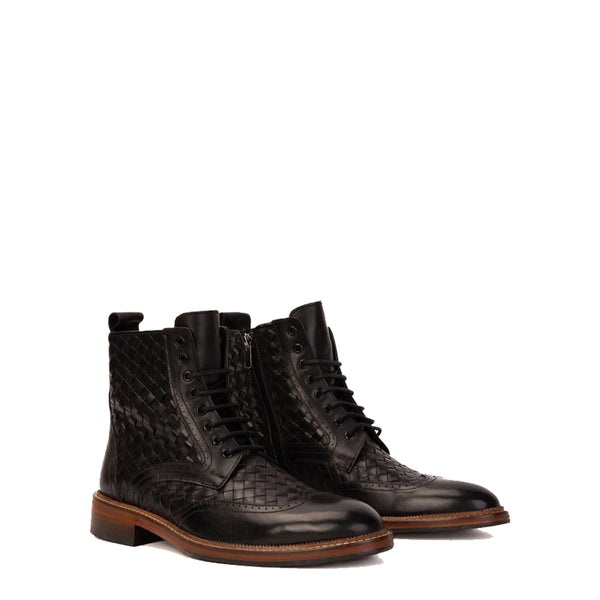Leather Wingtip Brogue Lace Up Men Boot with Zipper - Black