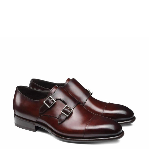 Leather Double Monk Strap Men Shoes - Red