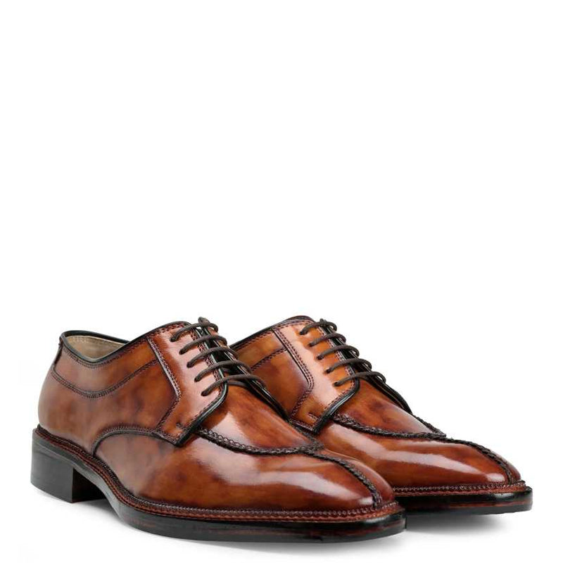 Polished Shiny Leather Split Toe Derby Shoe Tan