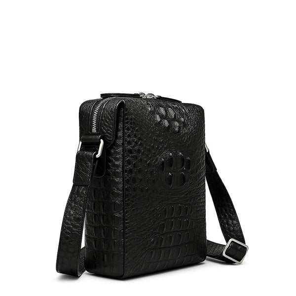 Men s Italian Crocodile Leather Tan Side Bag - Black