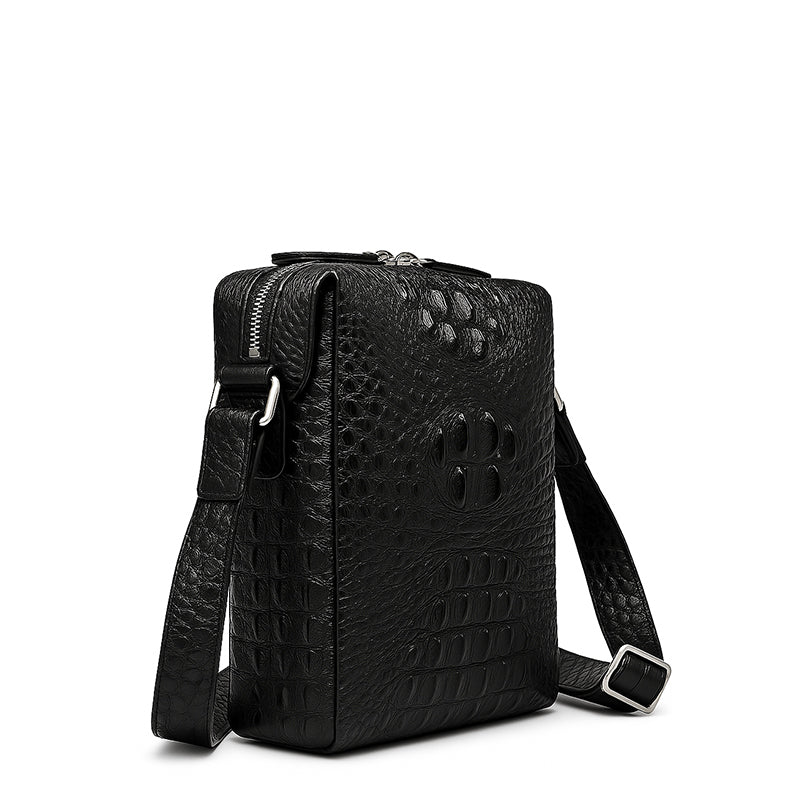 Men's Crocodile Black Leather Side Bag