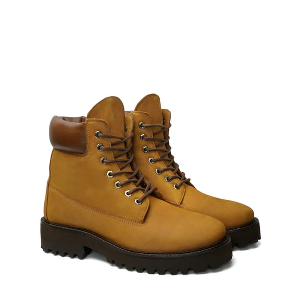 Suede Leather Lace Up Biker Beige Boot - Tan