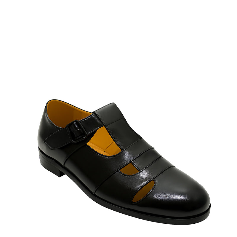 Closed Toe Black Leather Sandal with Buckle Strap