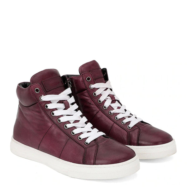 Lace Up Leather Handcrafted Burgundy Sneaker - Burgundy