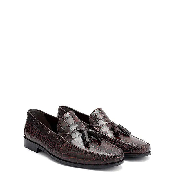 Crocodile Pattern Side Lacing Leather Tassel Loafer Burgundy - Burgundy