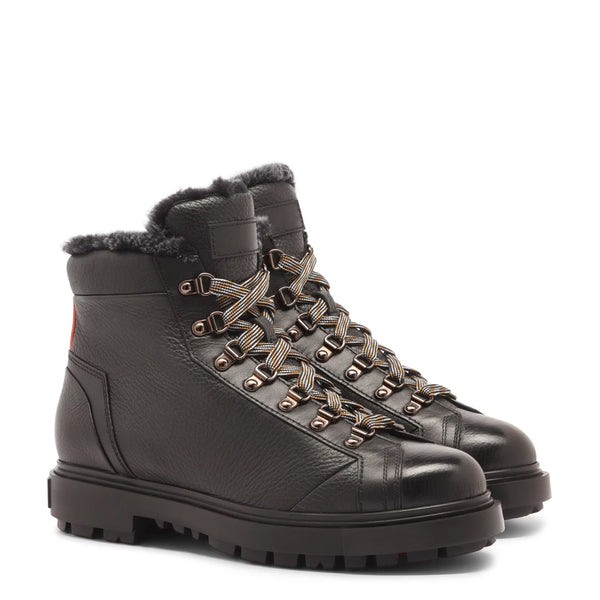 Men Tumbled Leather Hiking Boots With Fur - Black