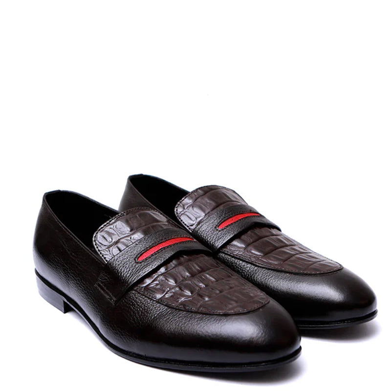 Men Croc Leather Loafers With Red Patti