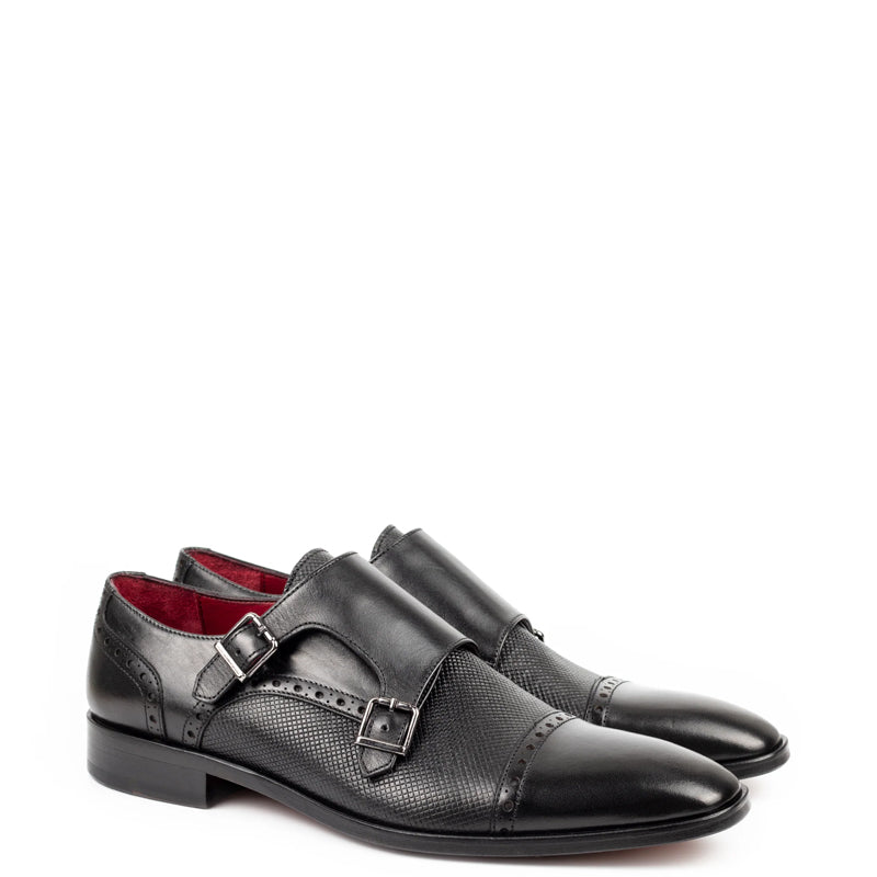 Men Handmade Leather Double Monk Strap Shoe Black