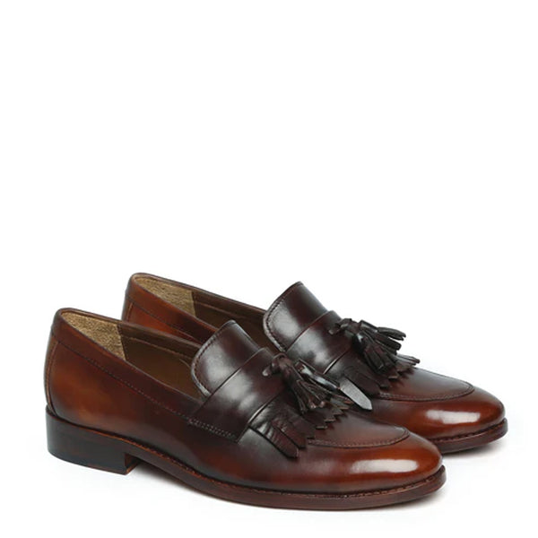Penny Slip On Leather Tan Tassel Loafer With Fringes
