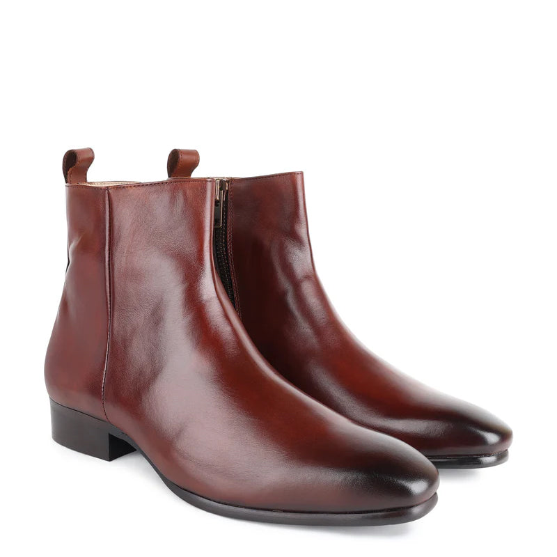 Classic Square Toe Leather Side Zipper Boots