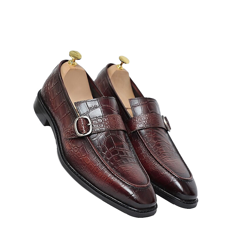 Crocodile Textured Monk Strap Leather Loafers