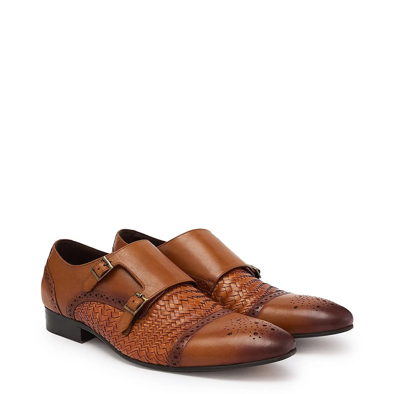 Men Woven Textured Leather Double Monk Strap Shoes