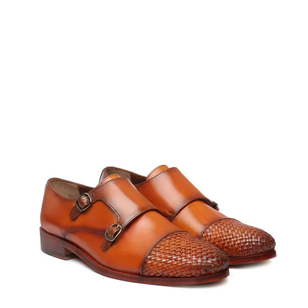 Double Monk Woven Leather Cap Toe Shoe - Tan