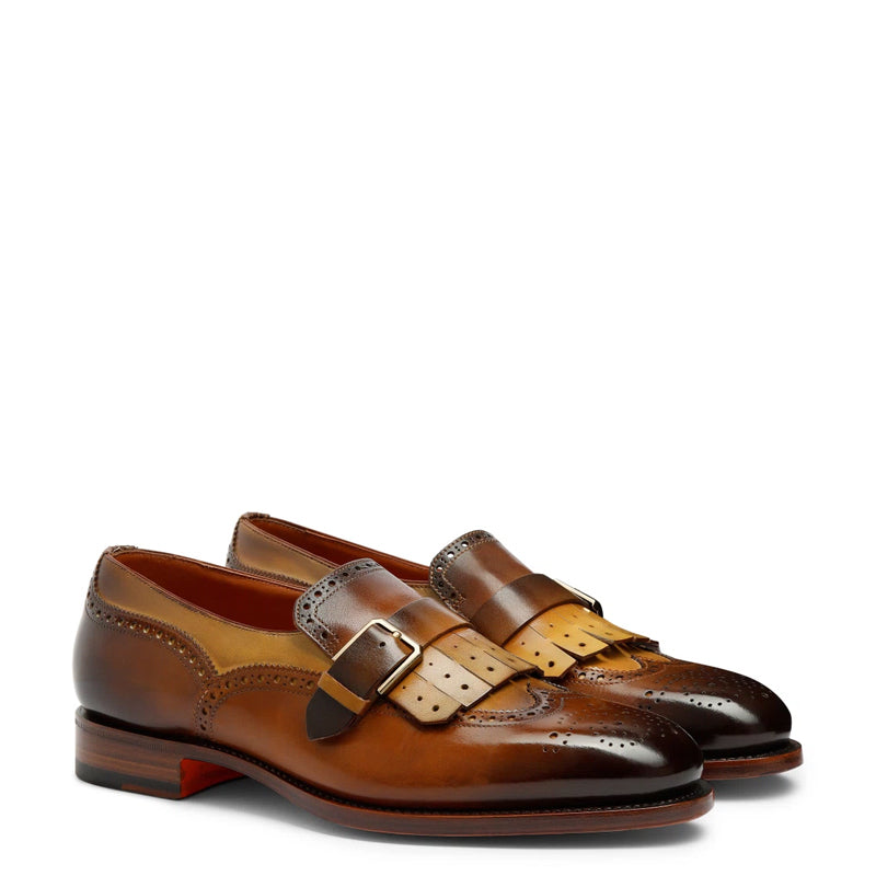 Handmade Leather Single Buckle Burgundy Loafer With Fringe