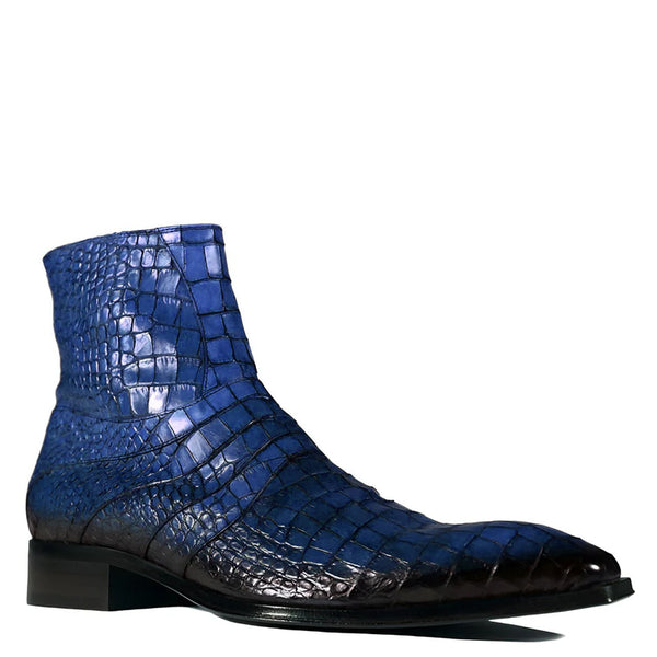 Croco Leather Zip Up Boots - Blue