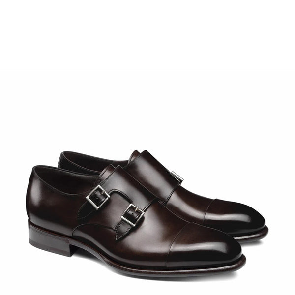 Leather Double Monk Strap Men Shoes - Brown