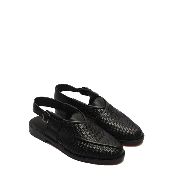 Woven Back Strap Leather Peshawari Tan Sandal - Black