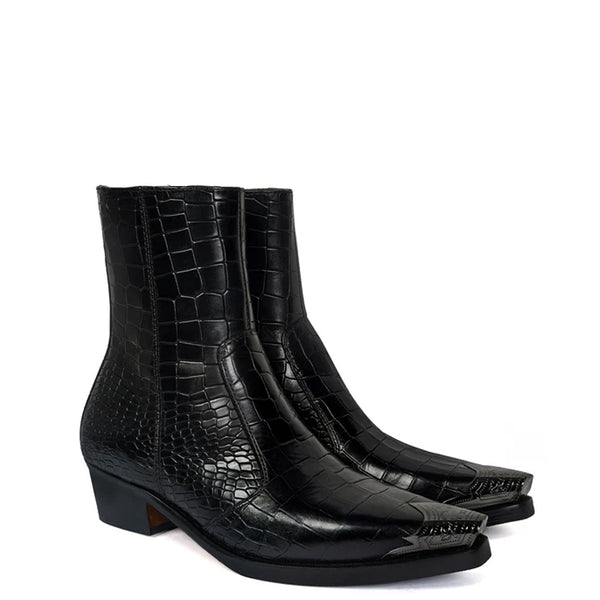 Luxury Croco Print Leather Side Zipper Boot - Black