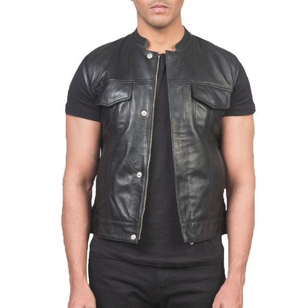 Atlas Moto Leather Vest For Men - Black