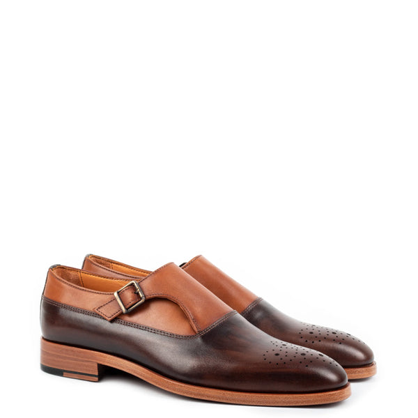 Men Handmade Leather Single Monk Straps Tan Shoe - Tan/Brown