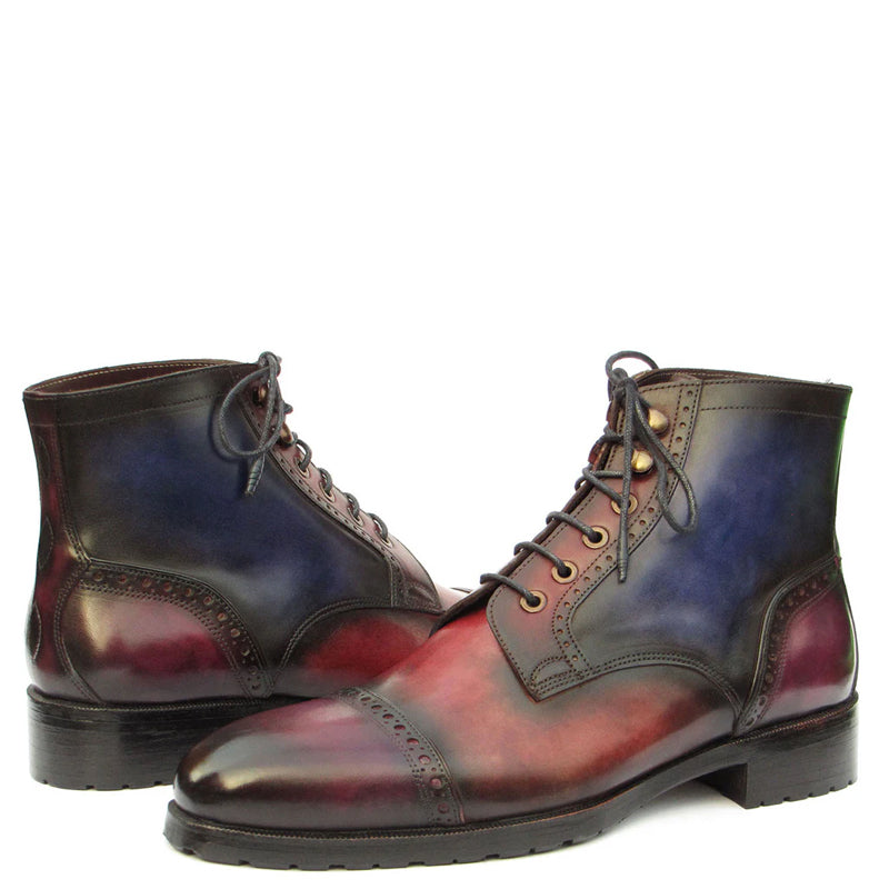 Hand Painted Leather Lace-Up Cap Toe Boots