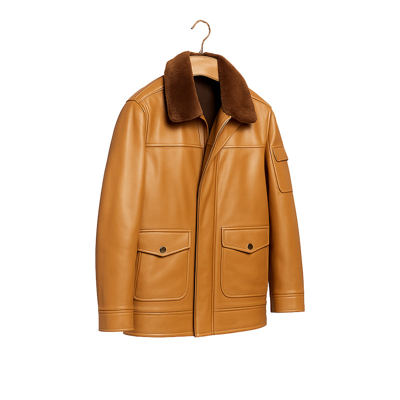 Men's Luxurious Tan Front Pocket Jacket with Fur Collar