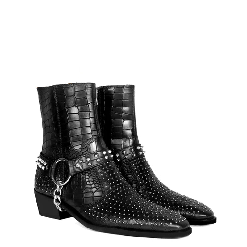Croco With Silver Studded Buckle Side-Zipper Chain Boots – Italian
