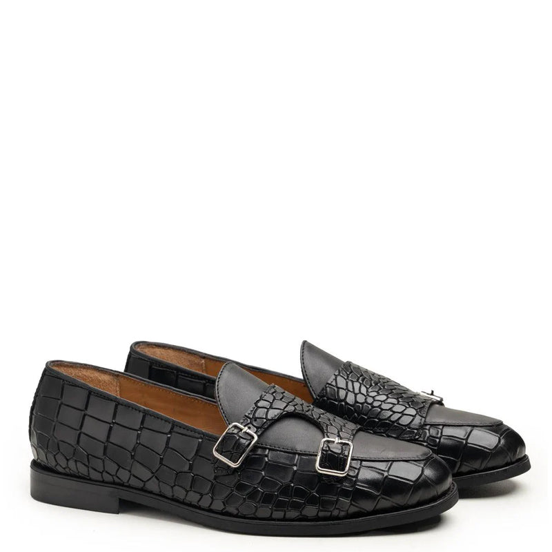 Black Croc-Embossed Monk straps