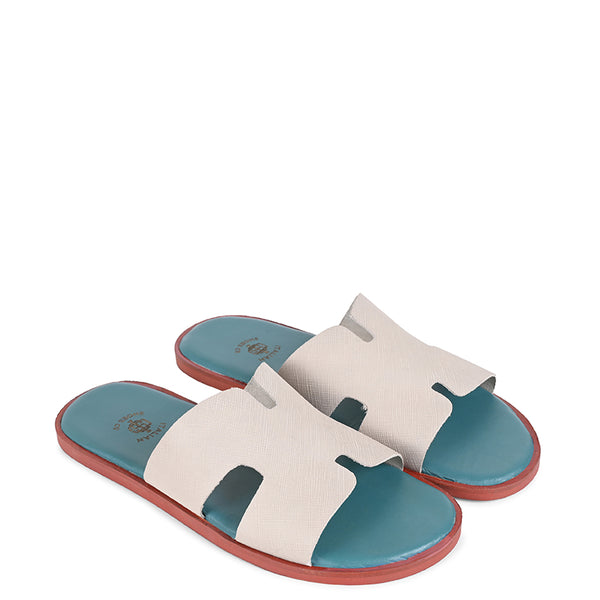 Luxury H Style Leather Sky Slipper For Men - Sky Blue / Off White