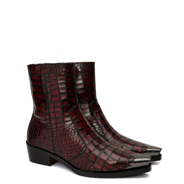 Luxury Croco Print Leather Side Zipper Boot - Burgundy