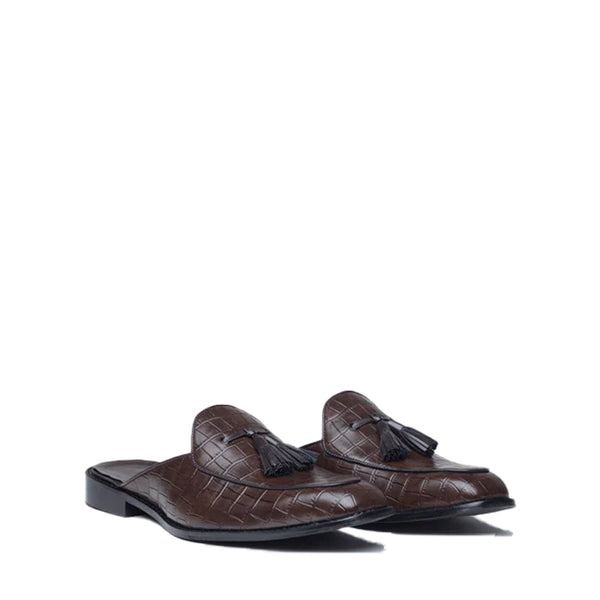Croco Slip On Leather Mule - Brown