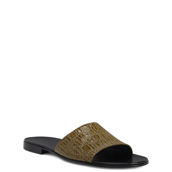Pure Leather Croco Textured Sandal - Olive Green