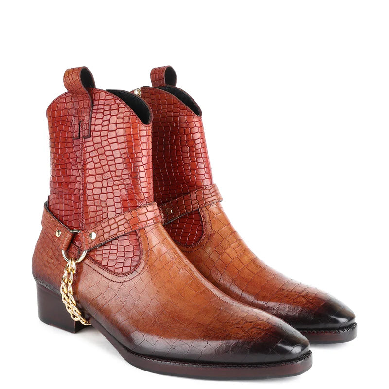 Croco Patina Leather Cowboy Chain Boots