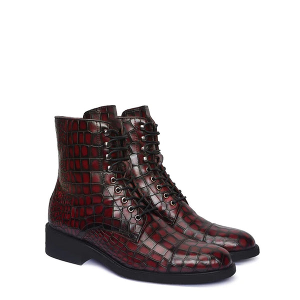 Croco Leather Lace Up High Ankle Boot - Burgundy