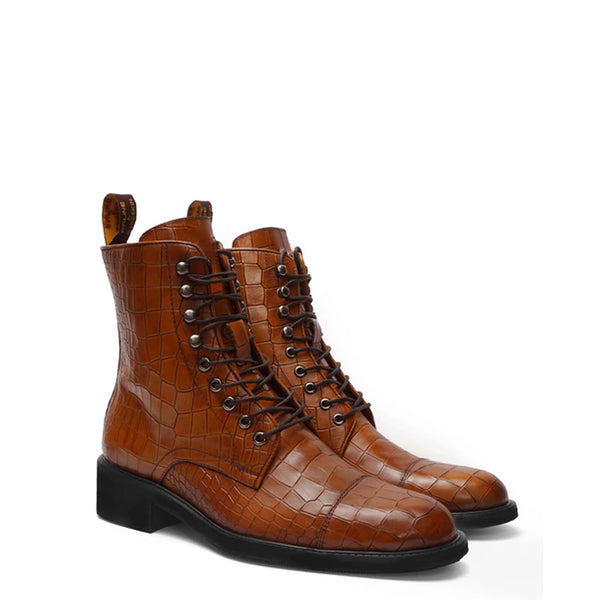 Croco Leather Lace Up High Ankle Boot - Tan