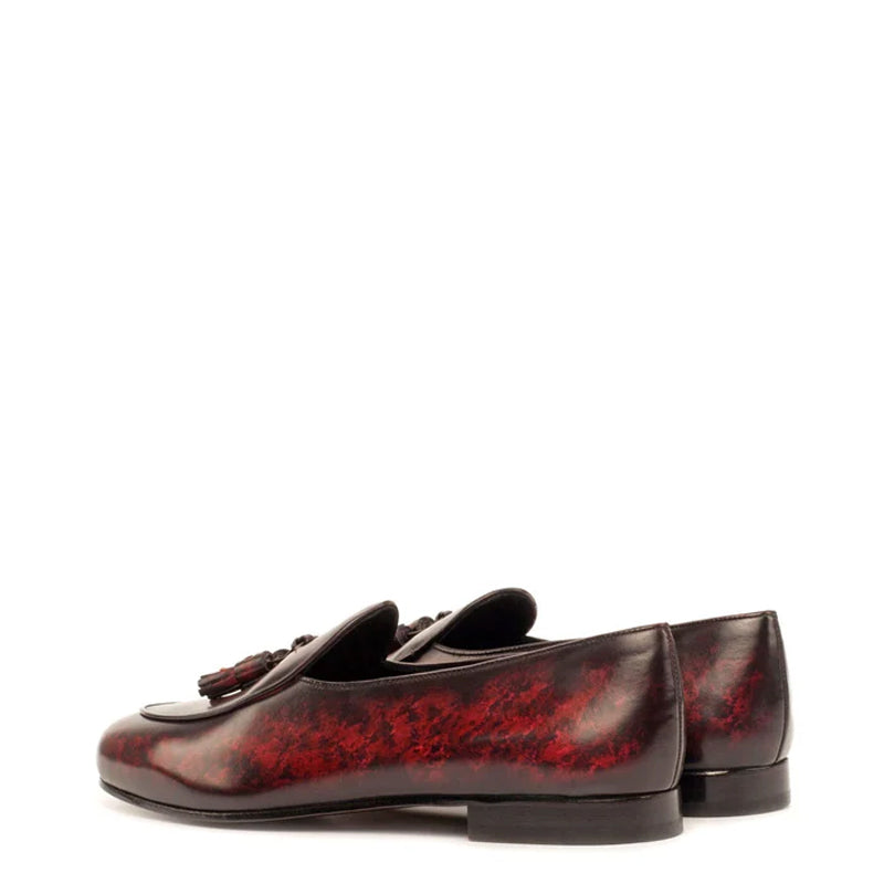 Patina Leather Apron Toe Tassel Slip-On Shoes