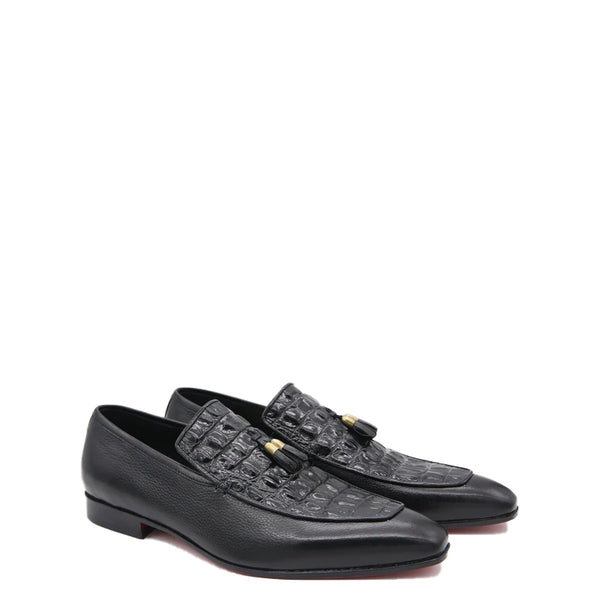 Croco Print Leather Tassel Loafer For Men - Black