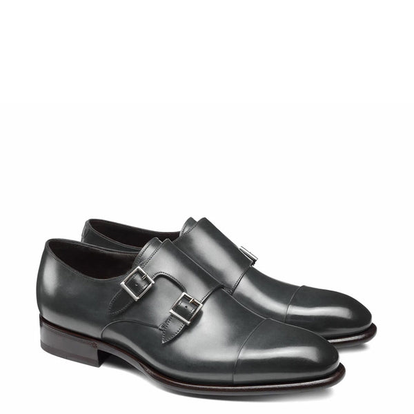 Leather Double Monk Strap Men Shoes - Grey