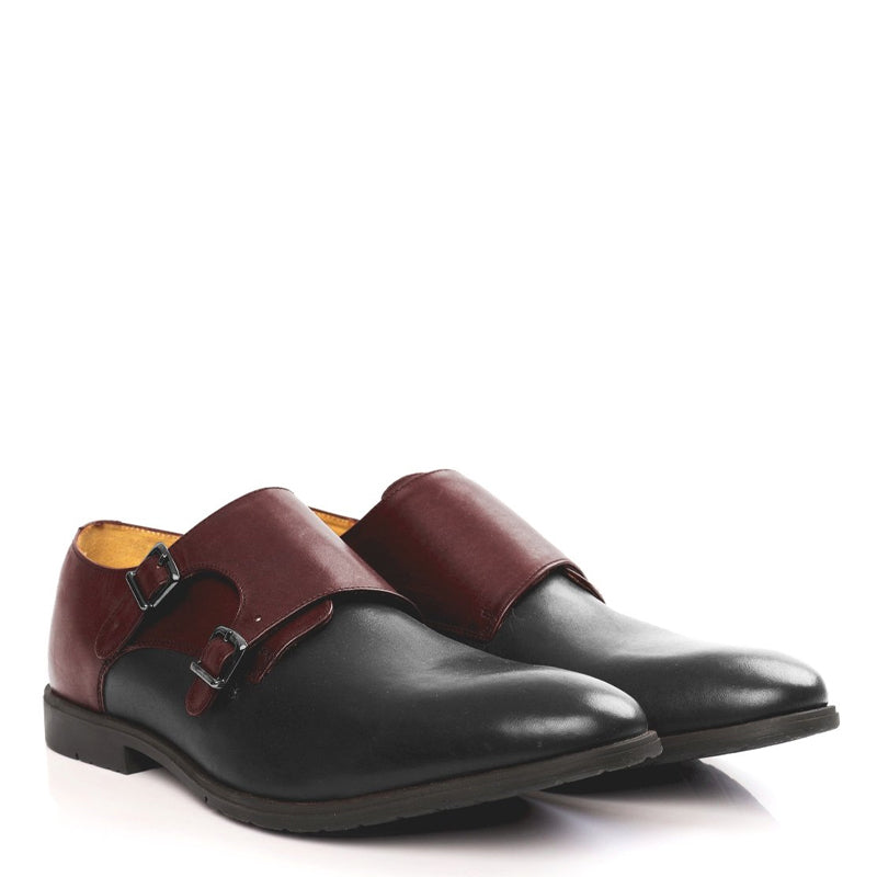 Leather Double Monk Strap Black and Gray Shoe For Men