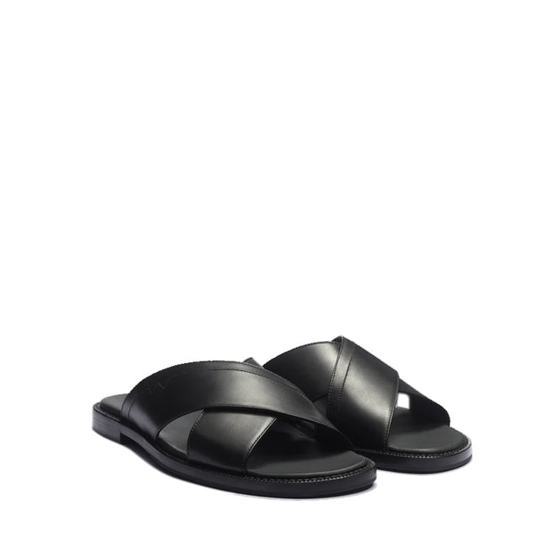 Leather Cross Strap Sandals For Men - Black