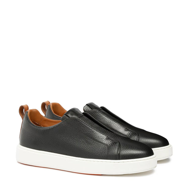Men Tumbled Leather Slip On Sneakers - Black