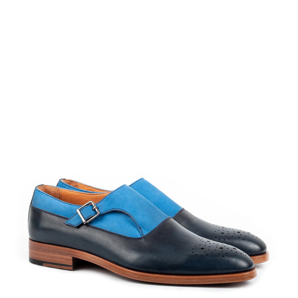 Men Handmade Leather Single Monk Straps Tan Shoe - Blue